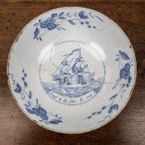 Blue and white Delftware bowl English, circa 1765, the interior painted with a two-masted brig at