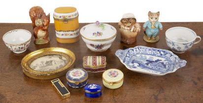 Group of ceramics and miscellaneous items to include: Limoges enamel painted pill boxes with