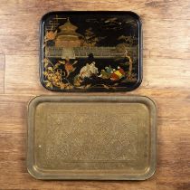 Brass engraved rectangular tray Indian, with panels of flowers and arabesques, 58cm x 37.5cm and a