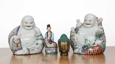 Two polychrome porcelain seated Buddhas Chinese, 20cm and 19cm, a model of a seated Guanyin, 15.