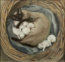 E F Coote Lake (20th Century School) 'Siamese cat and kittens', pastel and crayon, signed lower