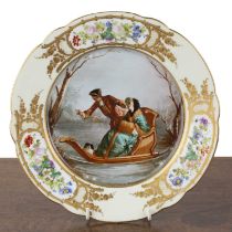 Sevres porcelain cabinet plate 19th Century, with handpainted panel of two figures and a spaniel,