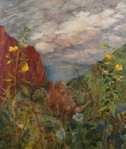 Julie Collino Untitled: Allegorical Scene, oil on board, signed and dated '67 to the lower left,