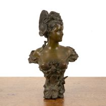 Bronze bust of a lady wearing a bonnet, with flowing drapery and a bouquet to the waist, 27cm high