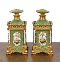 Pair of Jacob Petit porcelain perfume bottles of square form, with green ground, painted