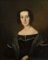 19th Century English School 'Portrait of a lady wearing a green striped shawl', oil on canvas,