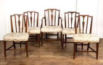 Set of five mahogany framed dining chairs 18th Century, in the style of George Hepplewhite,