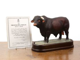 Royal Worcester porcelain 'Santa Gertrudis bull' modelled by Doris Lindner, on original wooden