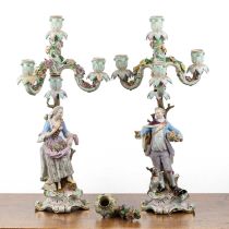 Pair of Meissen porcelain three branch candelabrum depicting Shepherd and Shepherdess with scrolling