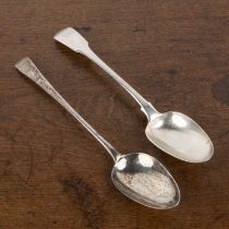 Two Georgian silver spoons the larger example bearing marks for Solomon Hougham, London, 1805, 29cm,