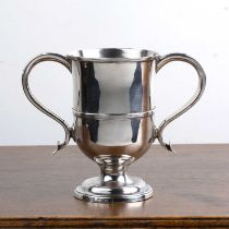 George III silver twin handled trophy or loving cup on circular pedestal base, bearing marks for