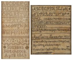 Two alphabet samplers 19th Century, one worked in black silk on linen, signed 'Ann Caton Lancaster