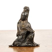 Small bronze of Guanyin Chinese, the seated figure wearing flowing robes, and holding a scroll in