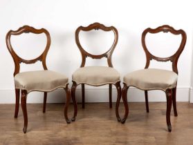 Set of four walnut shaped balloon back dining chairs Victorian, with reupholstered seats, 87cm