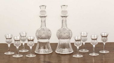 Pair of Scottish cut glass thistle decanters 20.5cm high overall and eight matching thistle shaped