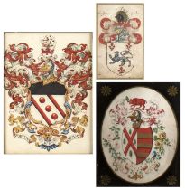 Three Heraldic paintings to include a painting of The Arms of Bragdon of London, confirmed in a