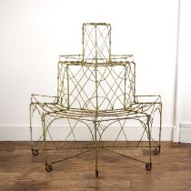 Painted iron wirework three-tier planter of waterfall form, 118cm x 120cm Worn, rusty and with verdi