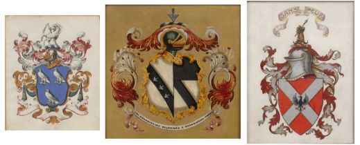 Three framed Heraldic paintings to include a Scottish painting on vellum, a bird to the centre of
