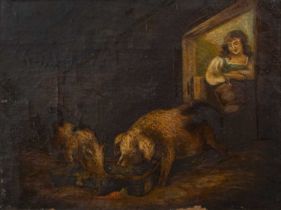 After George Morland (1762/63-1804) Untitled: A Boy Looking into a Pig Sty, oil on canvas, 20.5cm