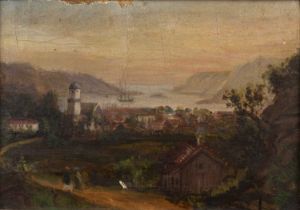 Pair of 19th Century Continental School 'Landscape study of a harbour town with winding road',