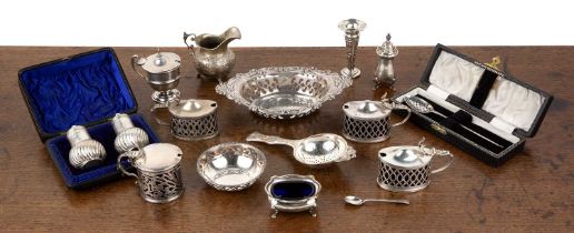 Collection of silver to include: silver mote spoon, marks indistinct, silver filigree basket, 74g