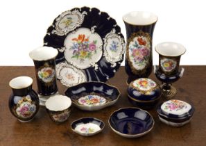 Collection of Meissen ceramics to include three vases, two shaped oval dishes, a shaped oval box and