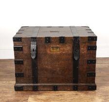 Heavy oak and iron-bound silver trunk with a brass plaque inscribed G.J.G, 77cm wide x 57cm deep x