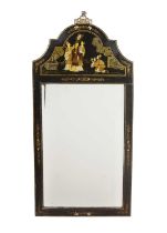 Chinoiserie wall mirror circa 1920, of black ground, 103cm x 51cm Bumps, cracks and wear.