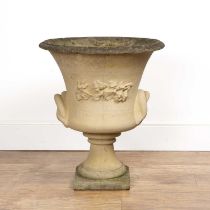Campana shaped reconstituted stone urn with a raised band of vine leaves, 57cm diameter x 66cm