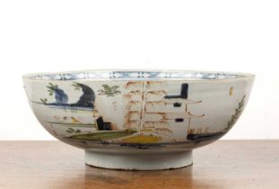 Delftware bowl English, circa 1770, painted in the Chinese taste, 27cm diameter x 10cm high Chips