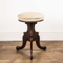 Mahogany piano stool with adjustable height, cream upholstery, on a tripod base with volute style