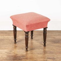 Gillows style mahogany stool of square form, on column-style supports, with a patterned vermillion