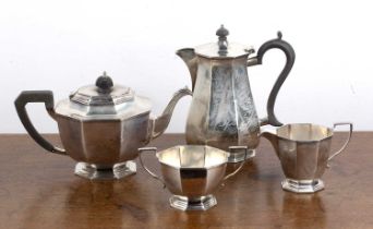 Art Deco three piece silver tea set comprising a teapot, milk jug and twin handled sucrier, the