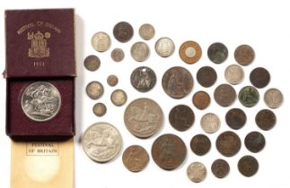 Four mixed GB coins Two 1935 Crown Charles II pattern farthings in silver (holed), Maundy coins 1881