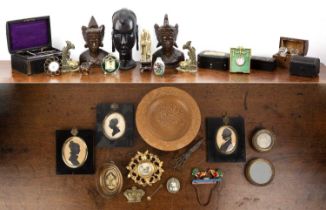 Collection of miscellaneous ceramics and items to include: three silhouette portraits, a pair of