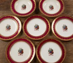 Collection of Minton armorial crested china 'Persevere' motto on carmine ground, with gilt and