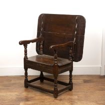 Oak tip up table/hall chair 17th Century style, incorporating older elements, 50cm wide x 107cm high