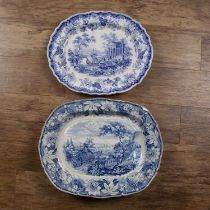 Oval blue transfer meat plate with a view of 'Athens', 49cm and a large turkey platter marked '