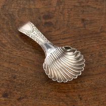 Georgian silver caddy spoon with shell shaped bowl, bearing marks for Hester Bateman, possibly