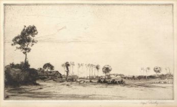Alfred Bentley (1879-1923) 'Landscape with buildings', etching, signed in pencil lower right, 15.5cm