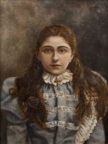 English School Portrait of a Girl, oil on canvas, signed S.R.D, 58cm x 43.5cm With signs of wear
