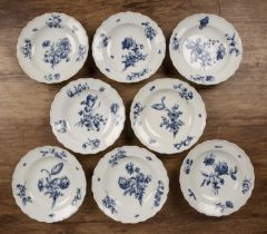 Set of eight Meissen shallow bowls or dishes with underglaze blue decoration of flowers and insects,