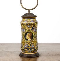 Pottery lamp in the style of a Renaissance albarello, with metal fittings, 63.5cm high With signs of