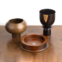 Collection of treen and wood turned vessels comprising of a lignum vitae cup with turned stem,