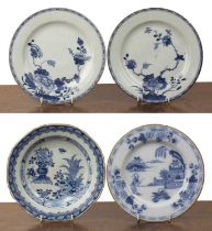 Delftware blue and white plate circa 1770, painted with a Chinese pavilion and garden scene in the