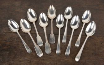 Collection of silver spoons comprising: a set of five Georgian silver spoons, with monogram to the