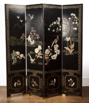 Black lacquer and hardstone four-fold screen Chinese, 20th Century, with birds, blossom, rockwork