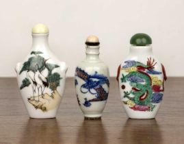 Three porcelain snuff bottles Chinese, 1850-1920 including a white glazed porcelain ovate