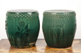 Pair of green glazed conservatory barrels Chinese, 34cm diameter x 37cm high Both with some wear and