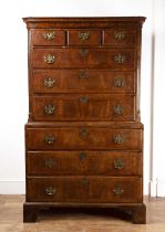 Walnut tallboy or chest on chest 18th Century, three short over six graduated long drawers, standing